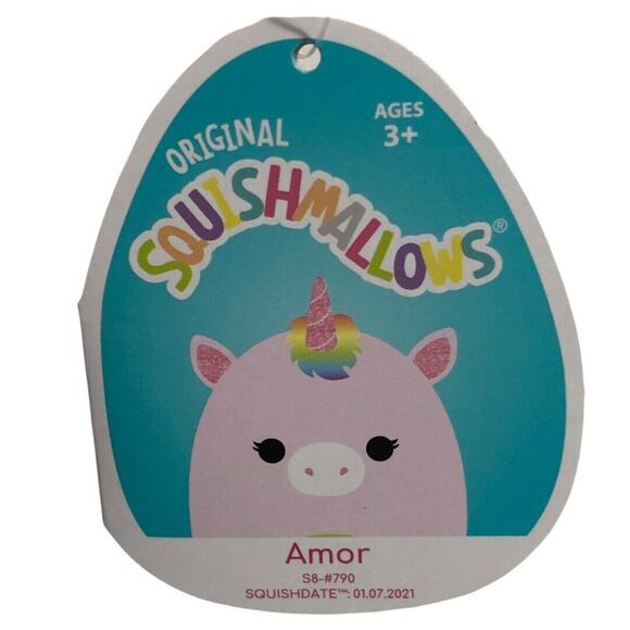 Squishmallows Kellytoy 2021 Stuffed Plush 8 Inch Amor the Pink Rainbow Unicorn - Picture 2 of 5